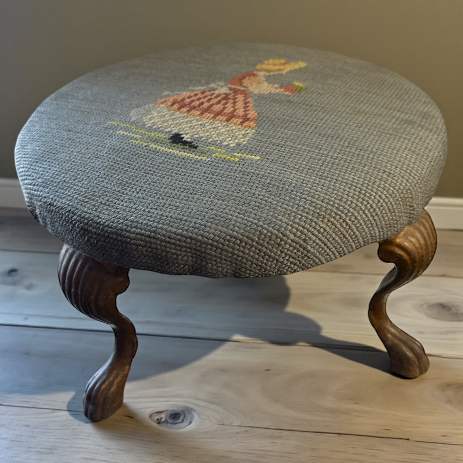 vintage metal legs Needlepoint Footstool Ottoman