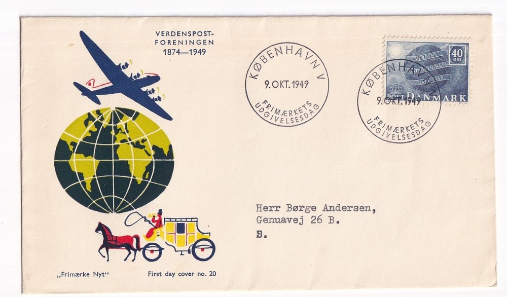 STAMP DENMARK  "VERDENS POSTFORENINGENS" 40 ORE 1949 FIRST DAY COVER