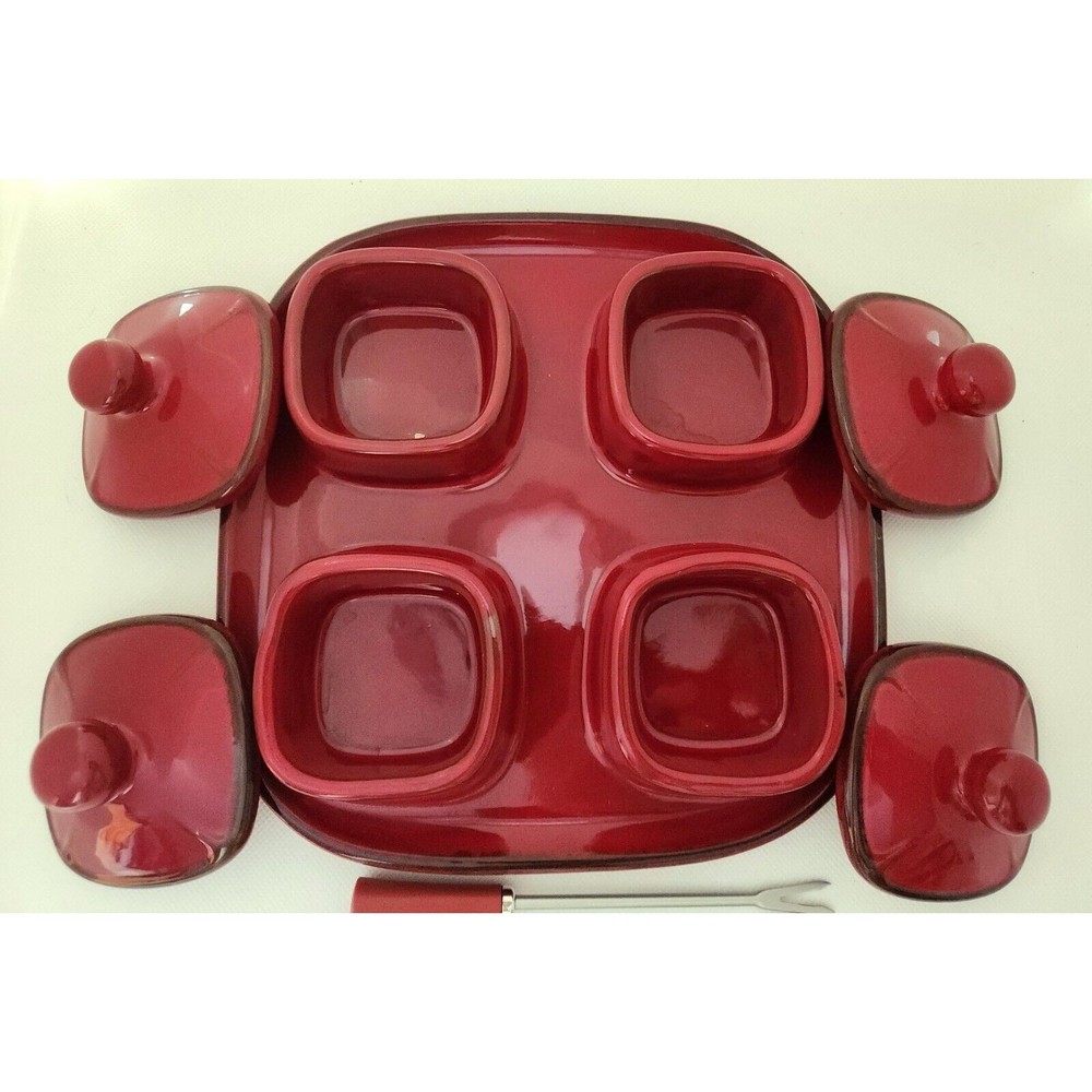 Condiment Server-Pottery Barn-4 Sections-Forks-Burgundy/Red-Square Server