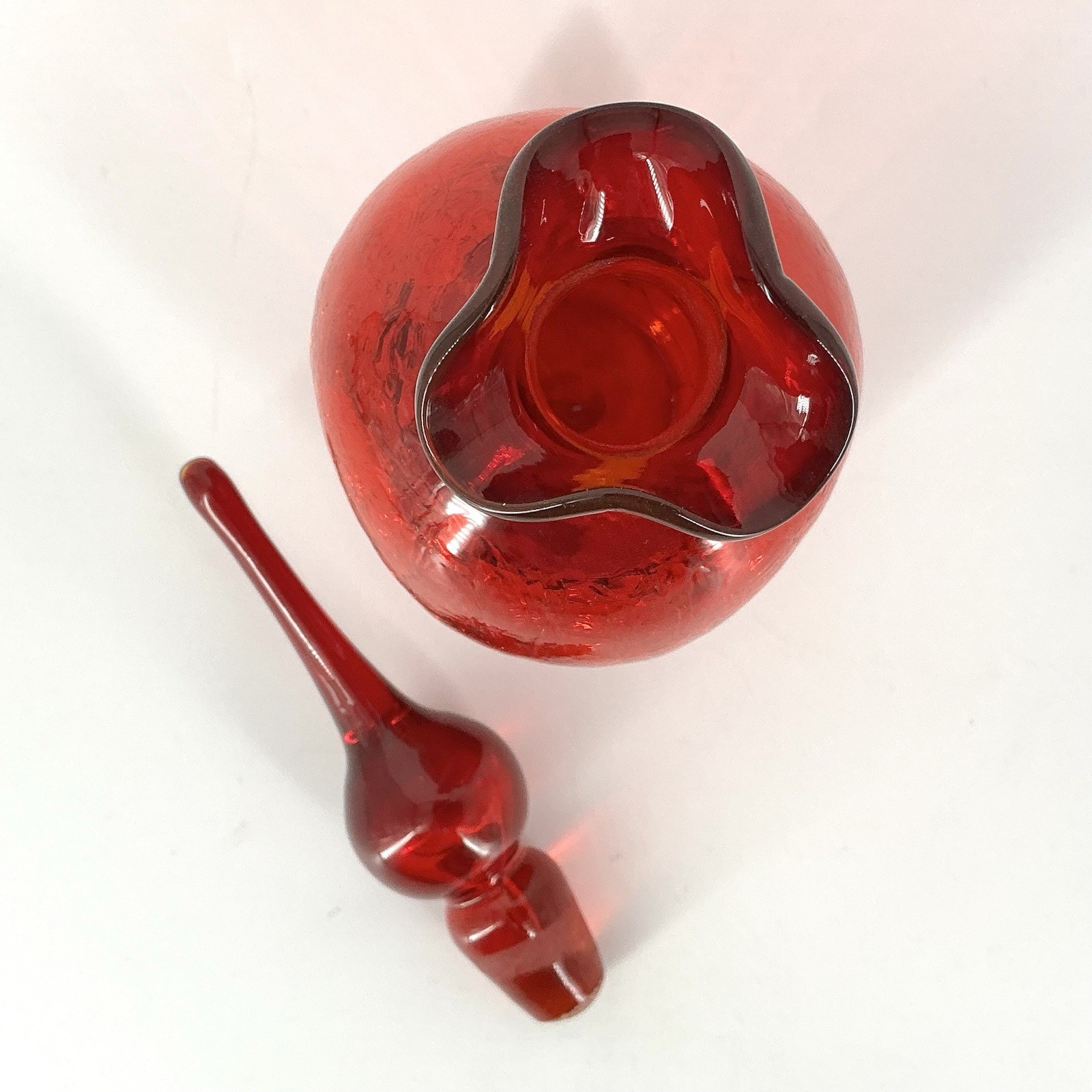 Vintage Rainbow Crackle Glass Decanter With Flame Stopper Pinched Amberina Red