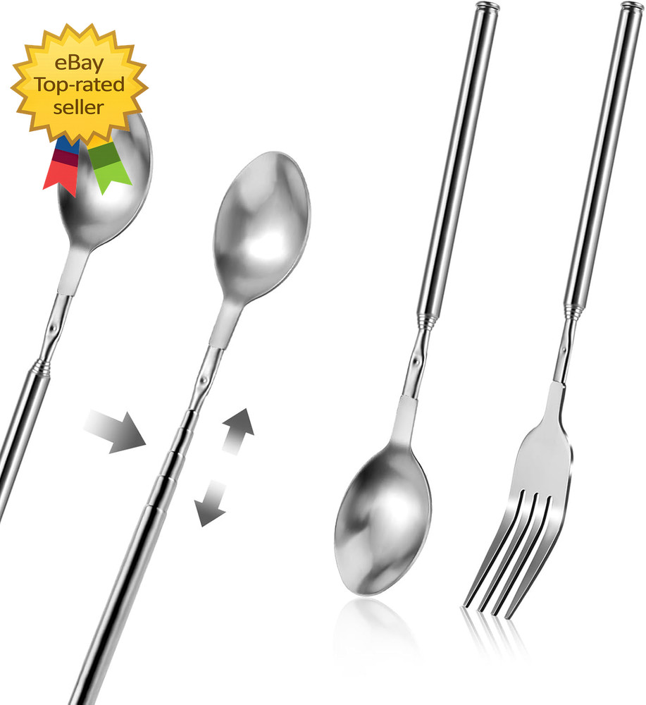 2 Pcs Extendable Fork and Spoon Set Adjustable Telescopic StainlessSteel BBQTool