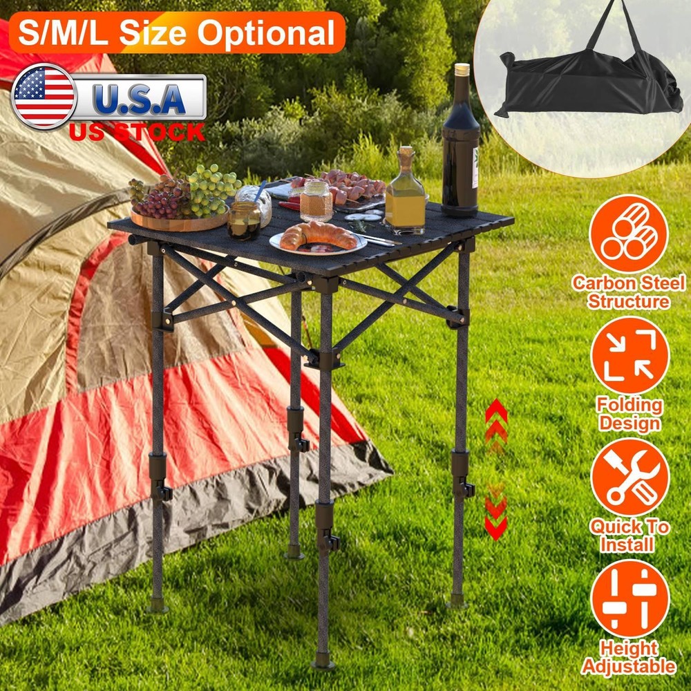 Portable Folding Camping Table w/ Adjustable Height Rustproof Carbon Steel