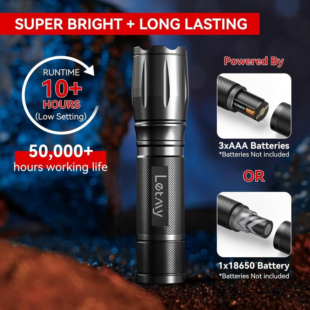 2 LED Flashlights Tactical Super Bright Zoomable Waterproof 5 Modes Torch Work