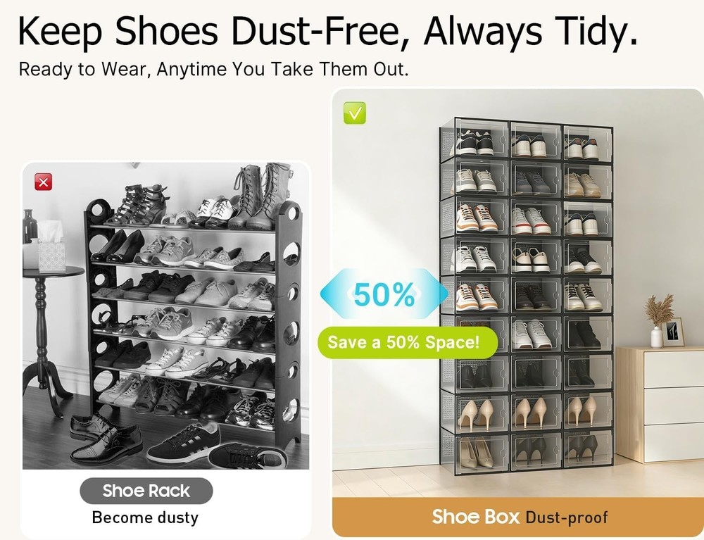 12-Pack XX-Large Clear Shoe Storage Boxes - Stackable Organizer