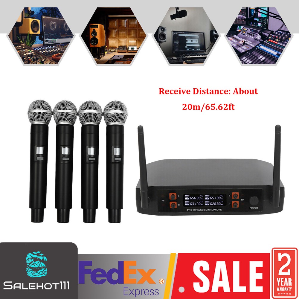 Wireless Microphone System Four Handheld Mics Set 65.62ft Practical Receiver
