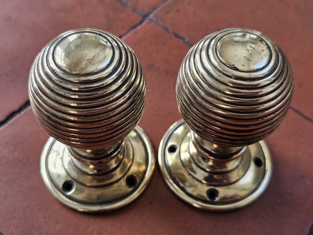 Antique original brass beehive mortice lock door knobs