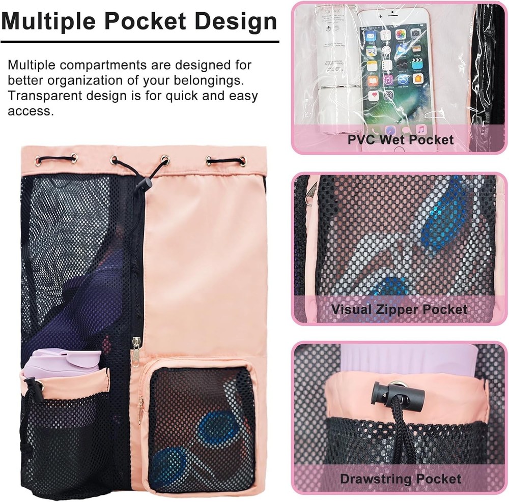 Mesh Beach Backpack with Wet Pocket Drawstring Pool Bag Waterproof Swimming B...