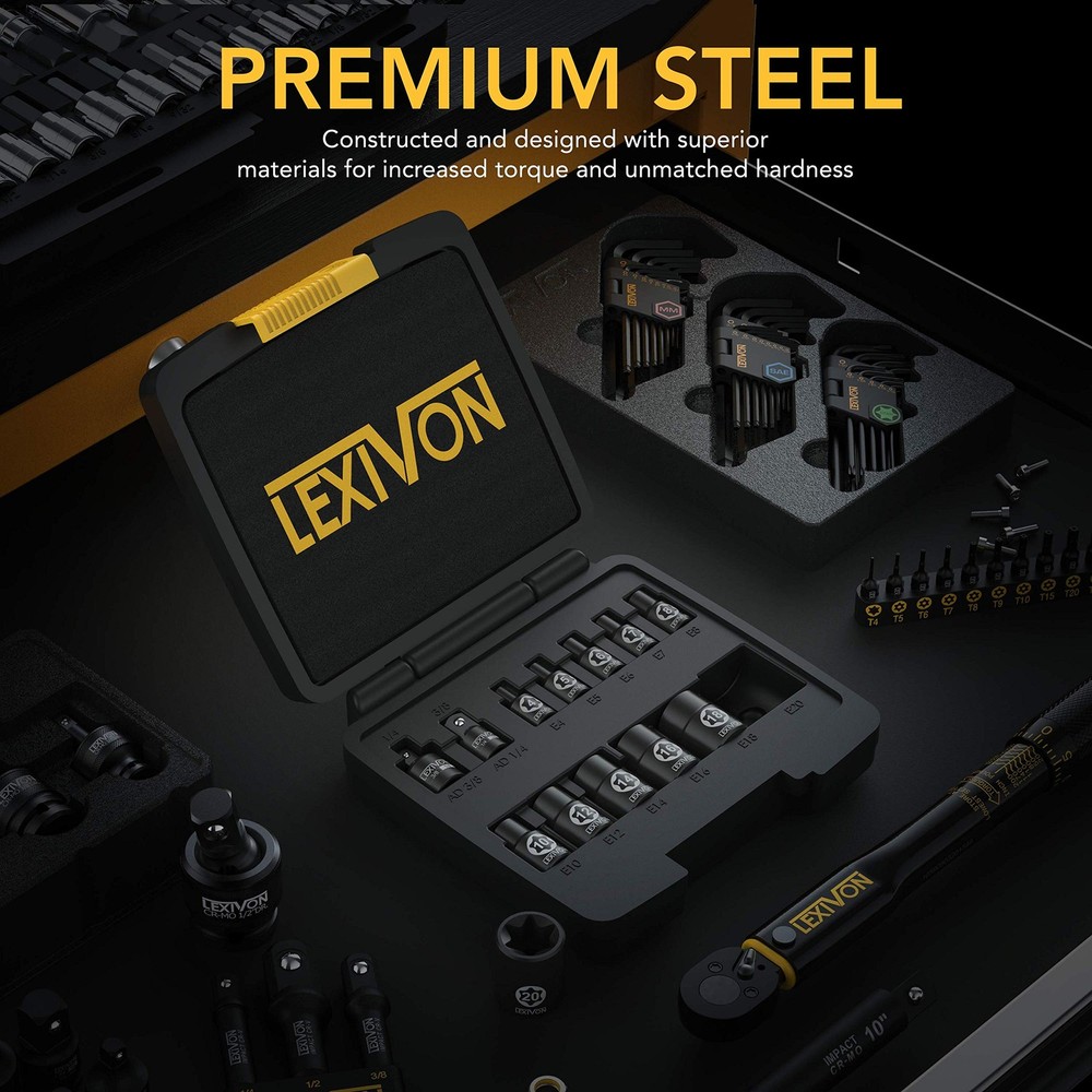 LEXIVON E-TORX Socket Set, Chrome Vanadium Set E4 - E20, Black