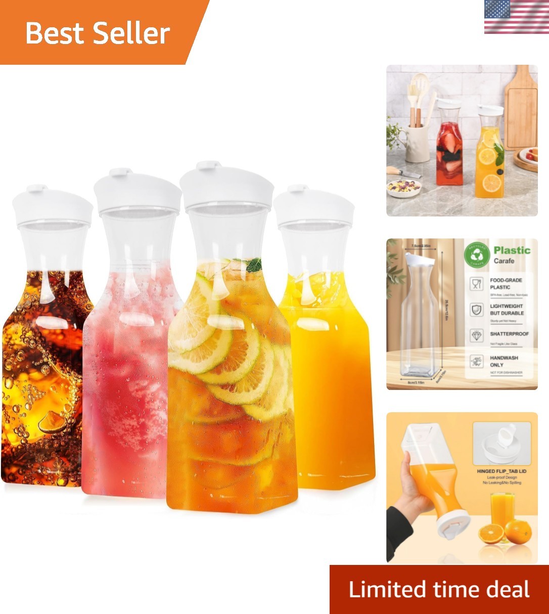 Set of 4 Plastic Carafe with Lid, 1 Liter Mimosa Bar Supplies, Large Square B...