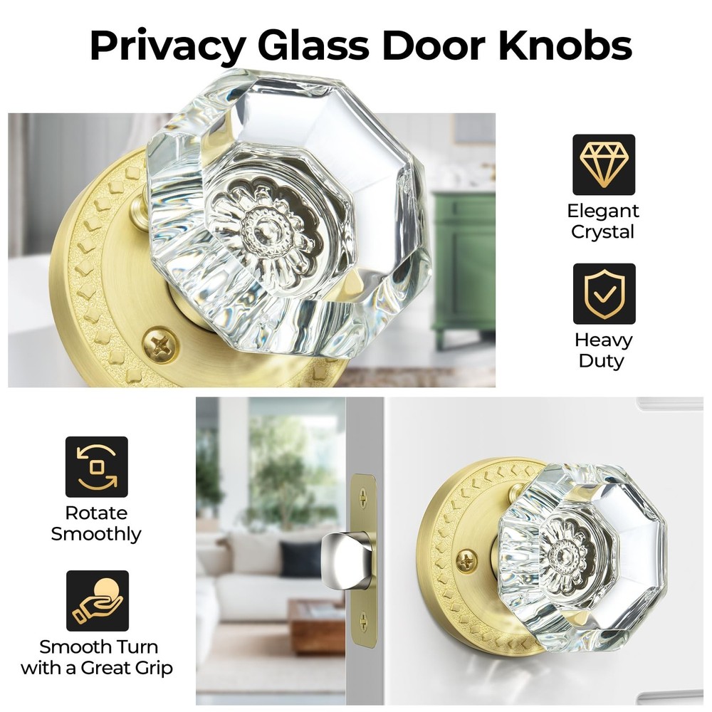 Glass Door Knobs with Lock, Gold Satin Brass Crystal Door Knobs Interior for ...