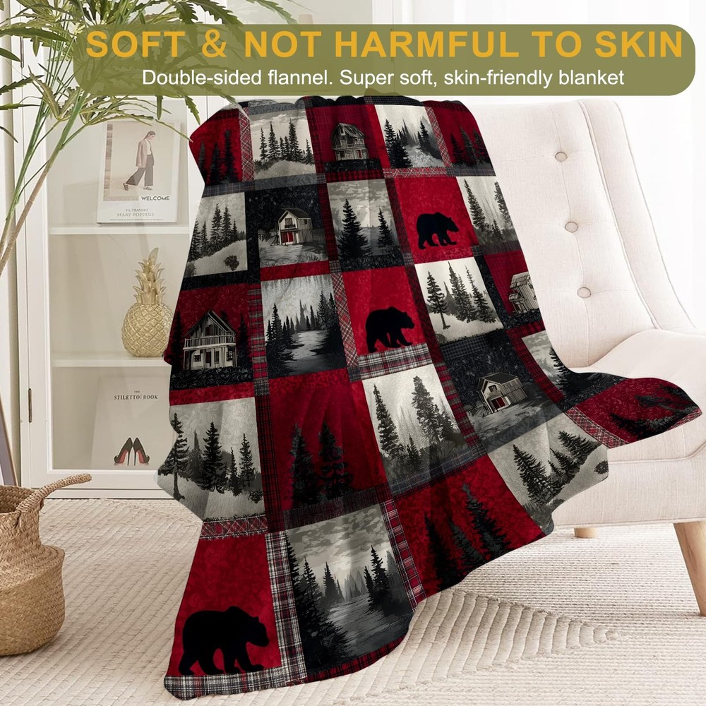 Rustic Christmas Decorative Blanket, Bear Cabin Forest Patchwork Print Throw ...