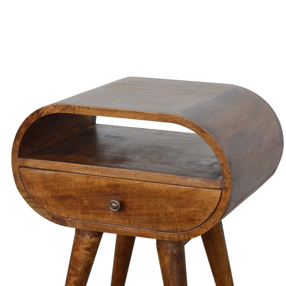 Chestnut Solid Wood Nightstand, Circular Open Bedside Table, 1 Drawer, Mango