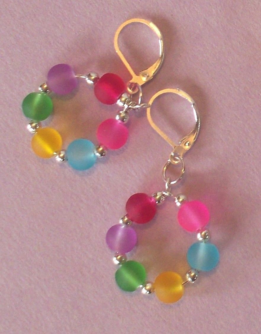 COLORFUL beach glass CRYSTAL earring HOOPS SP LEVERBACK handcrafted