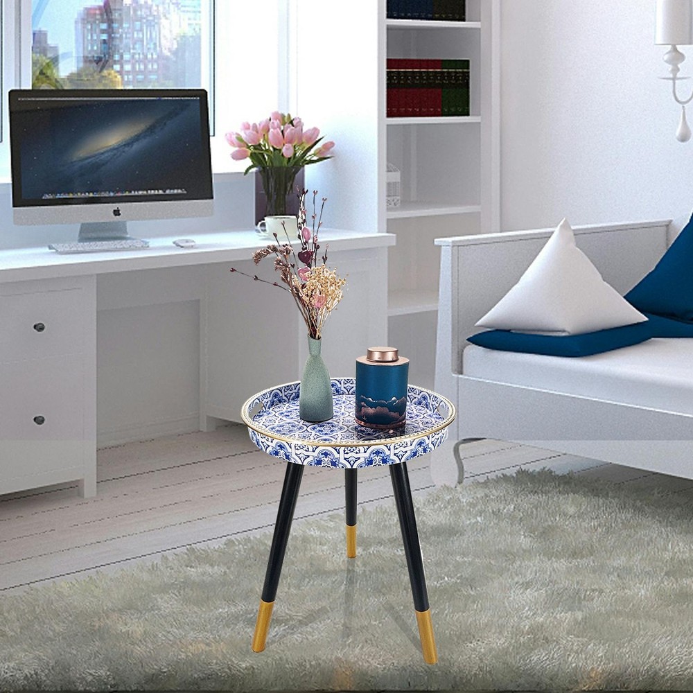 Round Accent Side Table Blue White Pattern Gold Trim Removable Legs