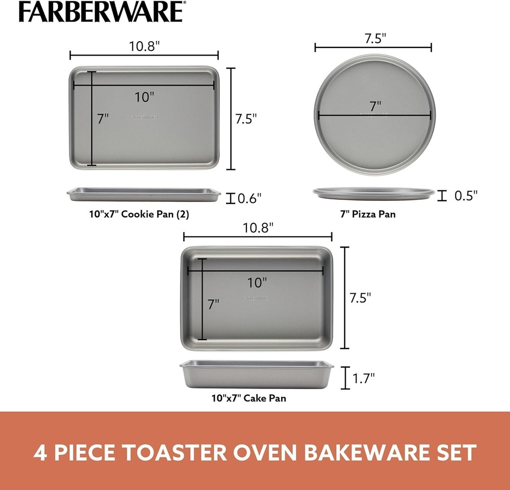 Farberware Bakeware Steel Nonstick Toaster Oven Pan Set, 4-Piece Baking Set, Gra