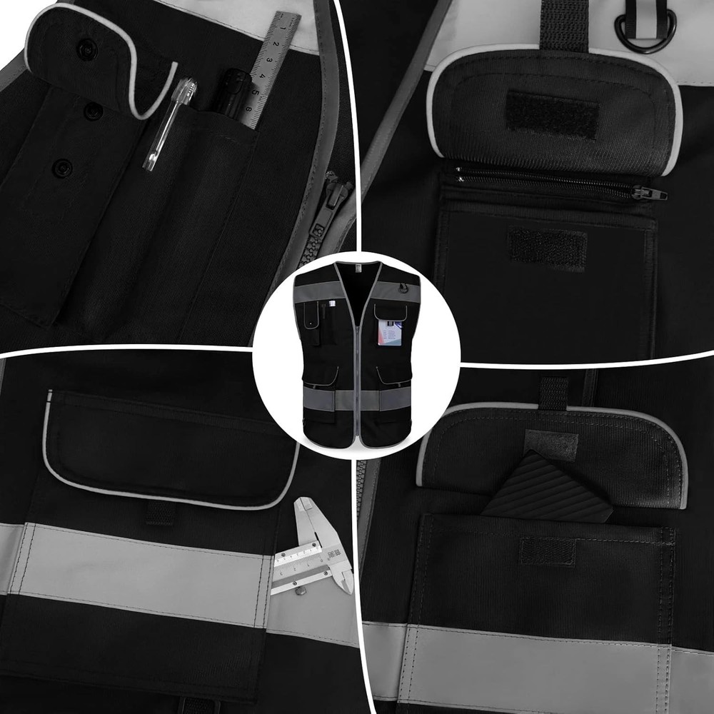 Durable Black Reflective Vest - 9 Multi-Functional Pockets for Enhanced Safety