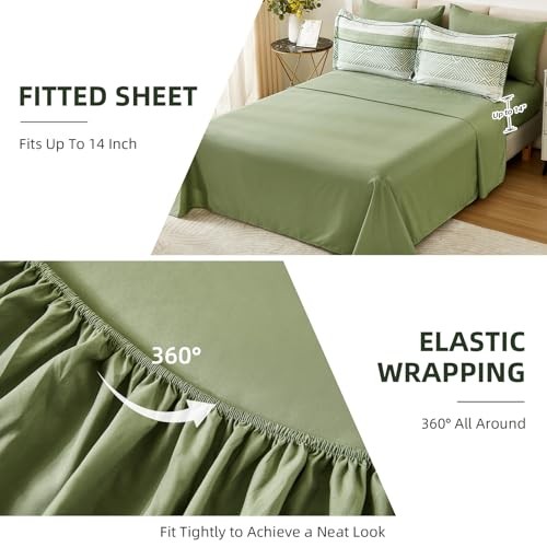 Striped Comforter Set Size 7 Pieces Reversible Bedding Set, Queen Olive Green