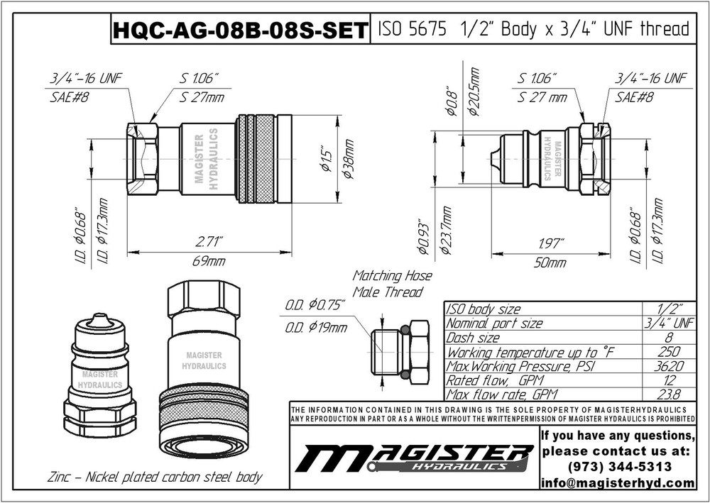 1/2″ AG Hydraulic Quick Couplers Set - 1/2″ SAE Thread