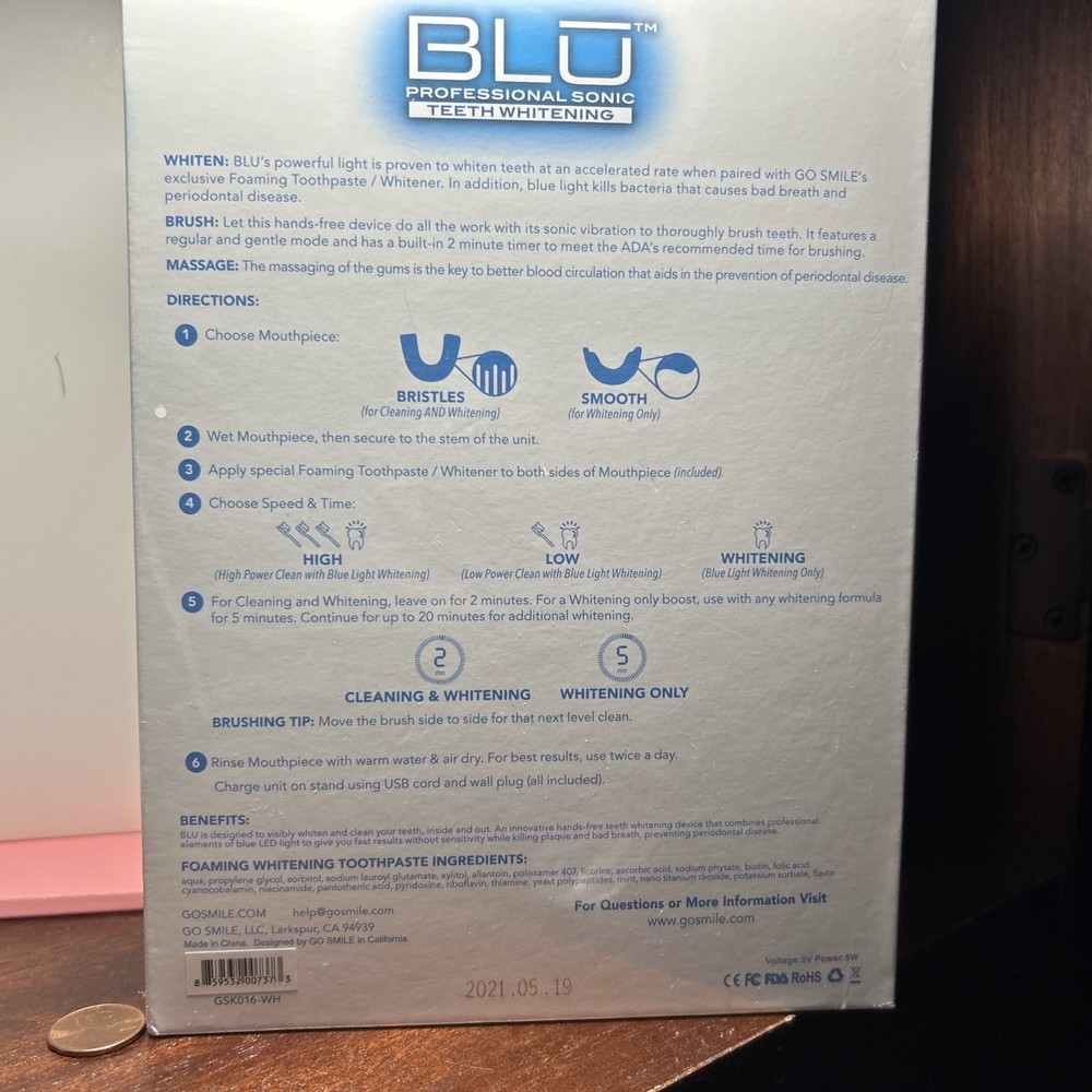 BLU PROFESSIONAL SONIC TEETH WHITENING Includes Toothpaste/Whitener NIB SEALED