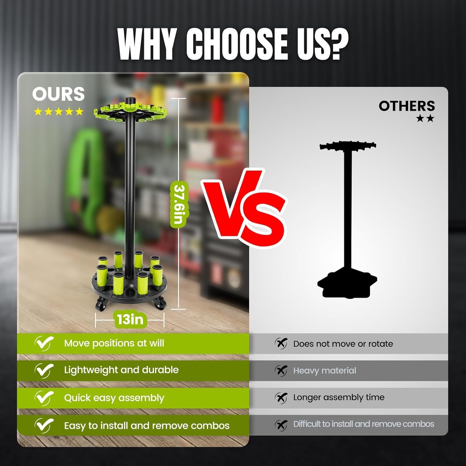 Fishing Rod Holder for Garage, Rod Rack Holds Up to 20 Rods with Rolling Wheels