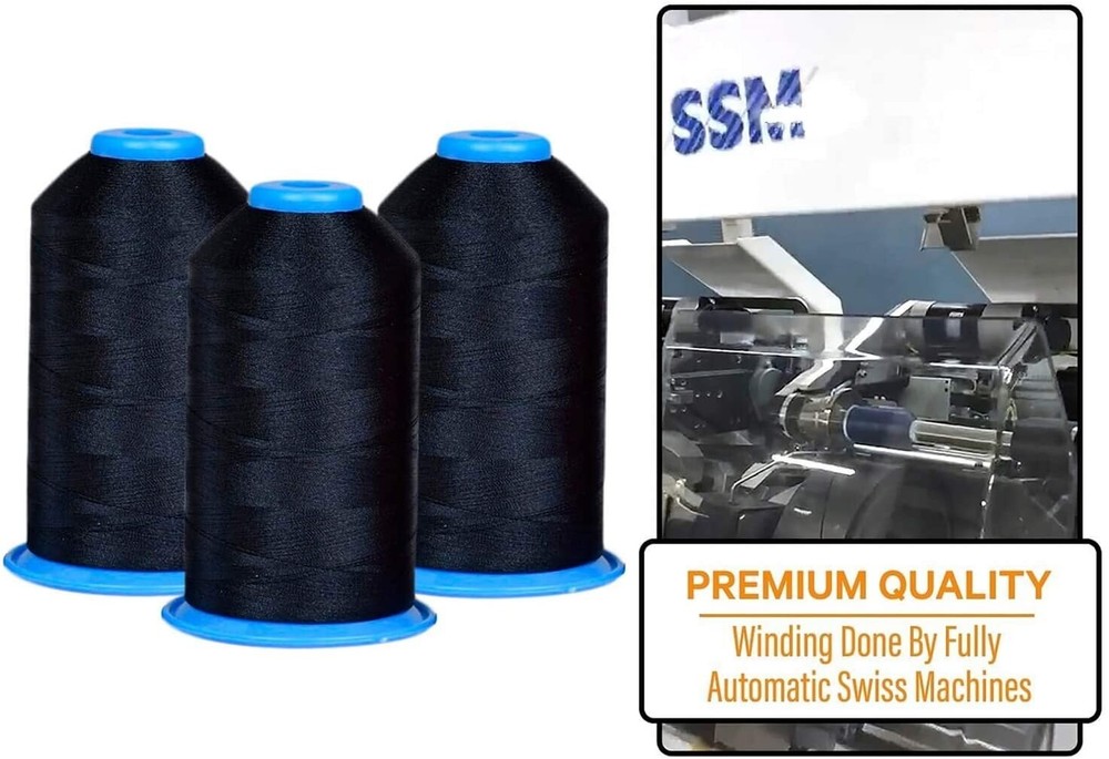 Huge Machine Embroidery Thread Black 3 Pack - Large Polyester Cones 5500 Yards