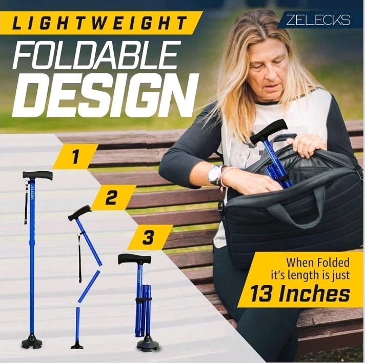 🩼 Zelecks Folding Cane 360° Pivot Base Adjustable Self-Standing Blue