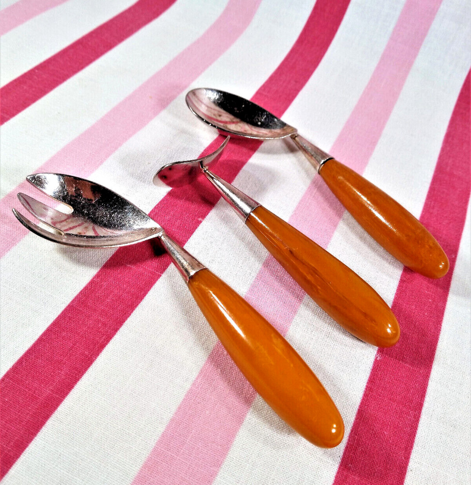 Gorgeous 1940s NAPIER Bakelite Child's Fork Spoon Pusher Set Training Silverware