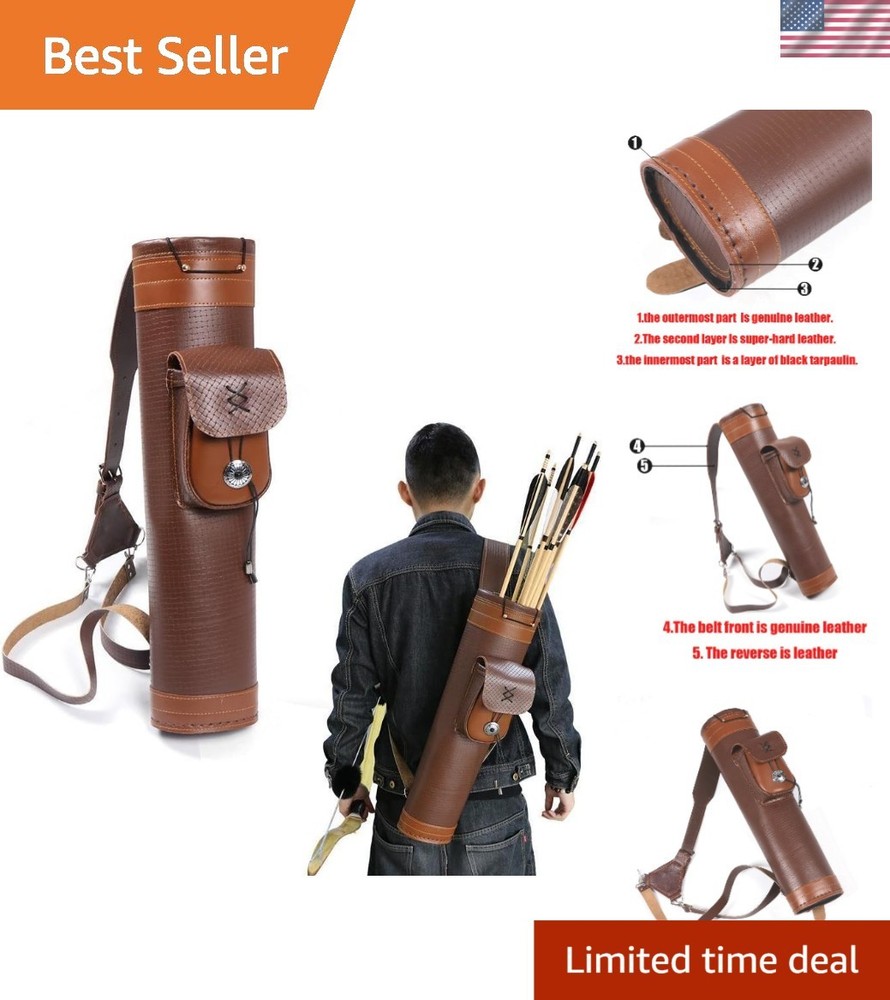 Handmade Leather Back Quiver with Large Pouch for Archery Enthusiasts - Brown