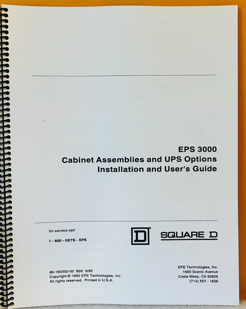 Square D EPS 3000 Cabinet Assemblies & UPS Installation & User's Guide Manual.