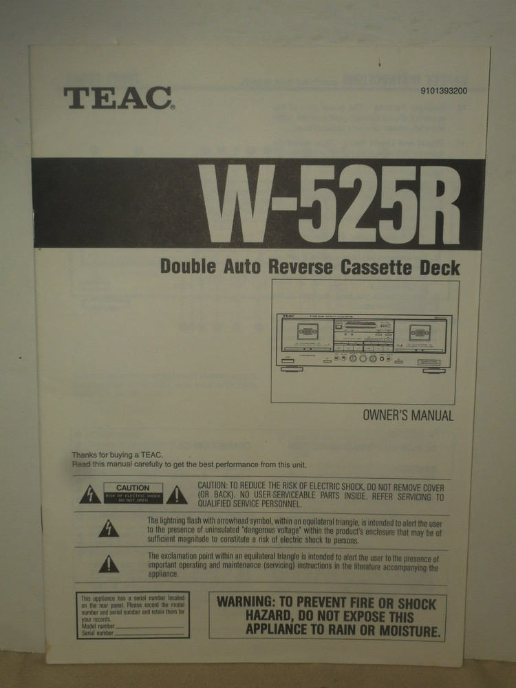TEAC W-525R Owner's Manual & Specifications Double Auto Reverse Cassette Deck