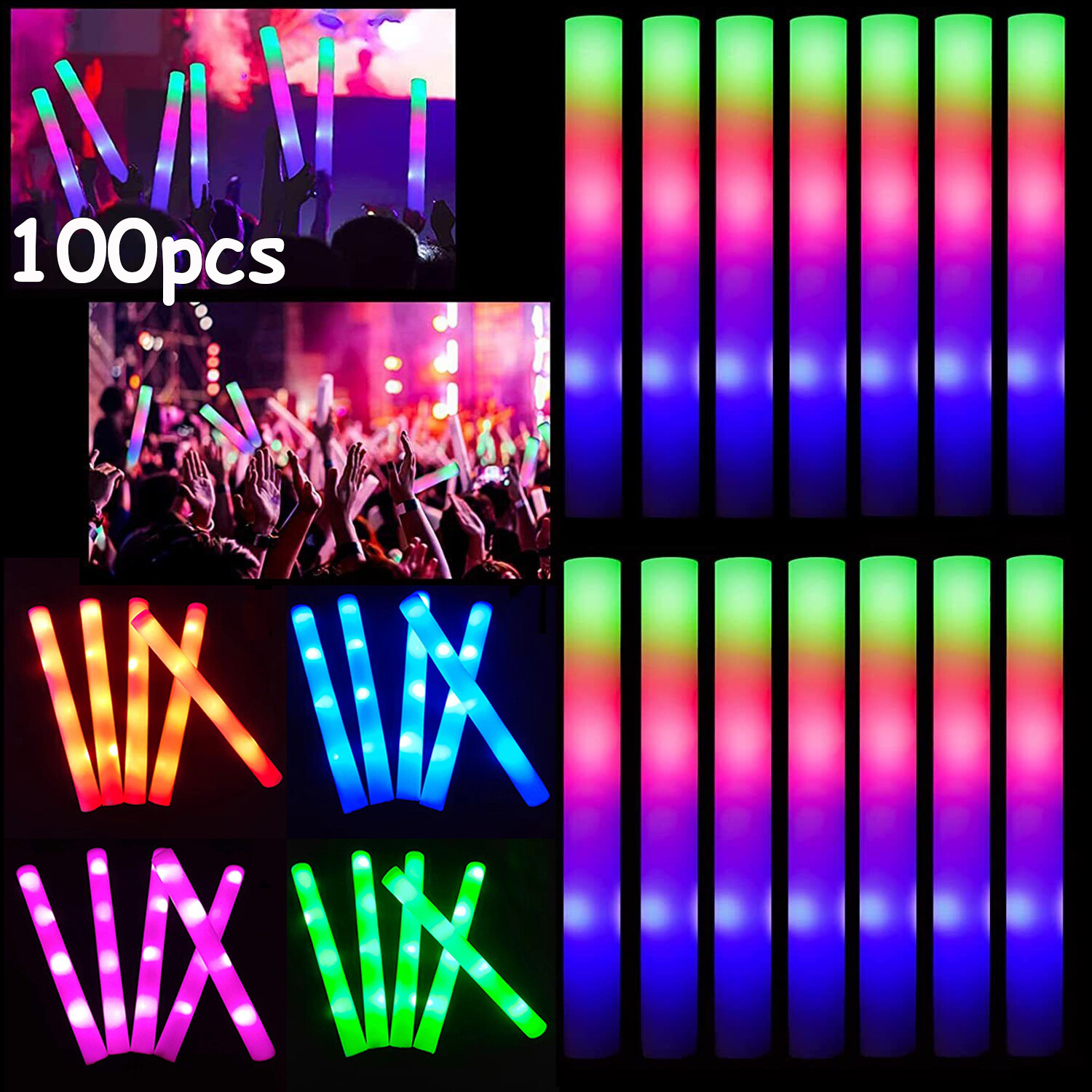 100 PCS LED Light Up Foam Sticks Concert Rally Glow Sticks Party Rave Wands