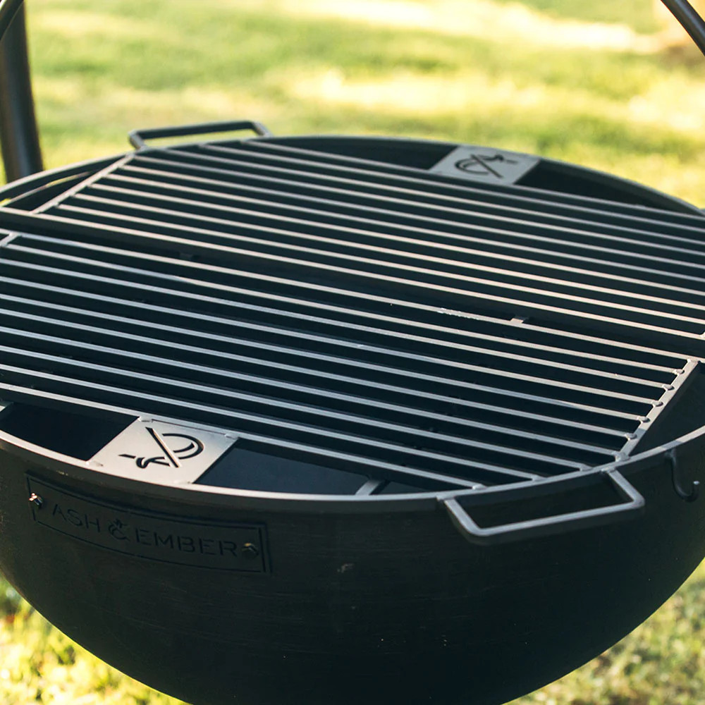 Ash & Ember 42" Cast Iron Cauldron Fire Pit Bowl with Double Hinged Grate