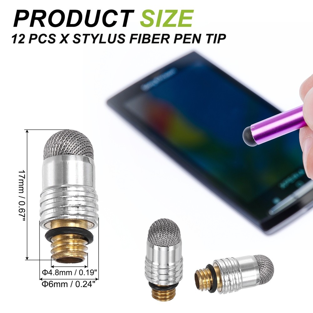12Pcs Stylus Pen Fiber Tips 6mm Conductive External Thread Replacement, Gray