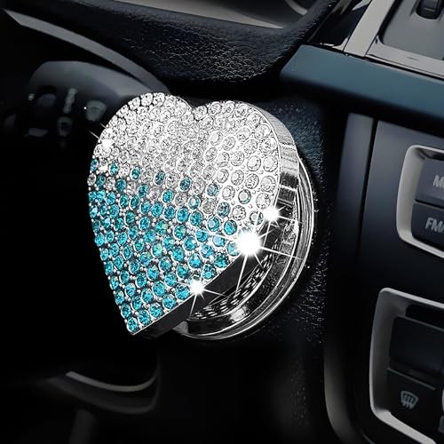 Bling Car Engine Start Button Cover, Cute Heart Shape Diamond Gradient blue