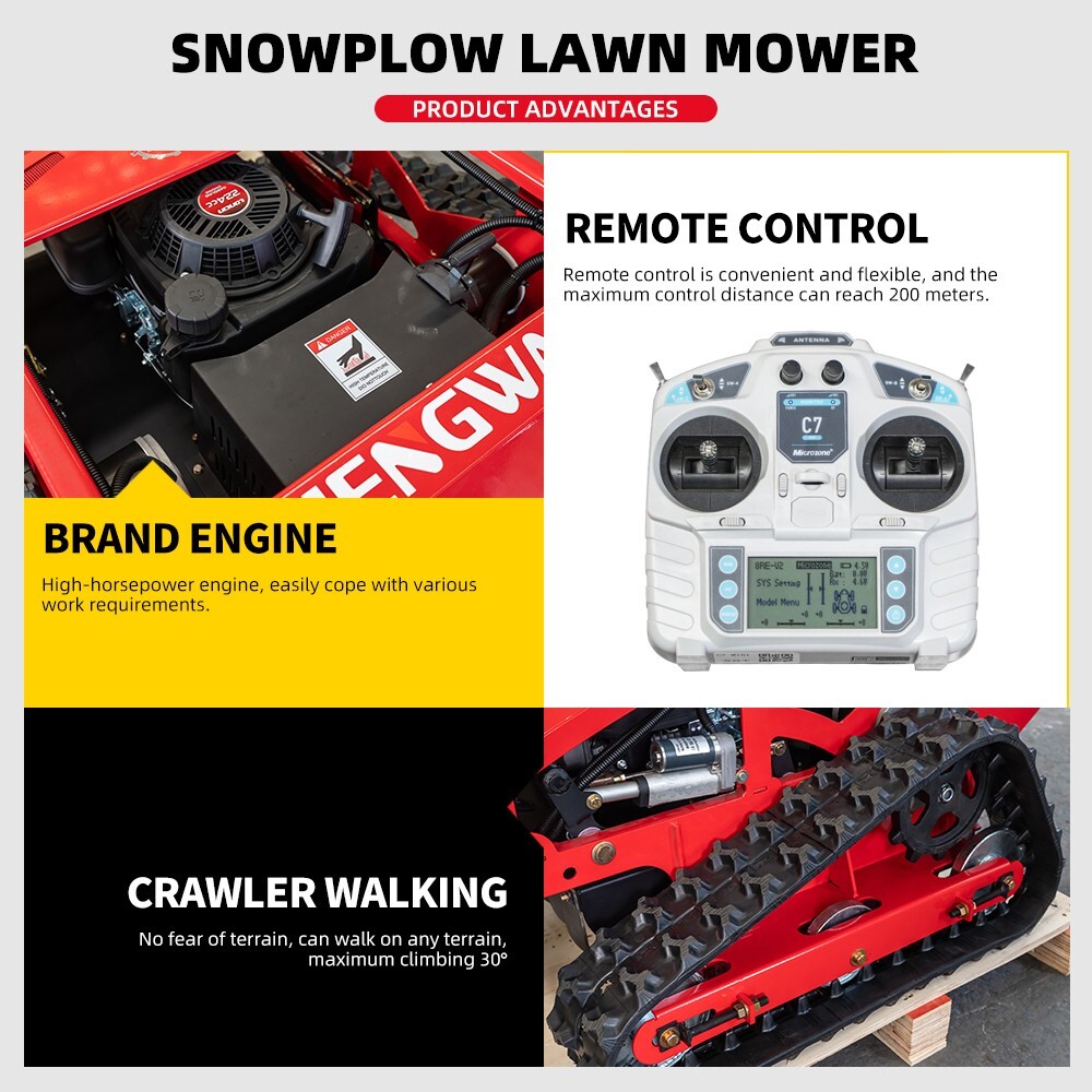 Remote control lawn mower, crawler type non-slip gasoline with snow pusher