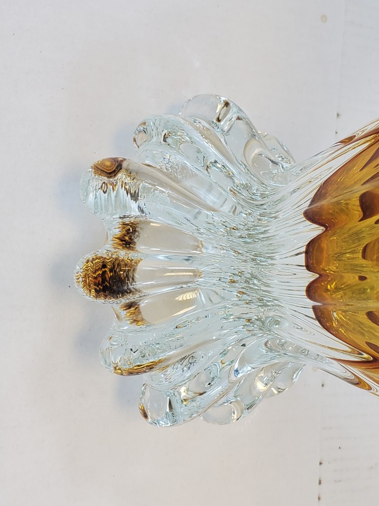 Davco Silver Amber Ruffled Edge Glass Vase Art Deco Design 10.5" Tall