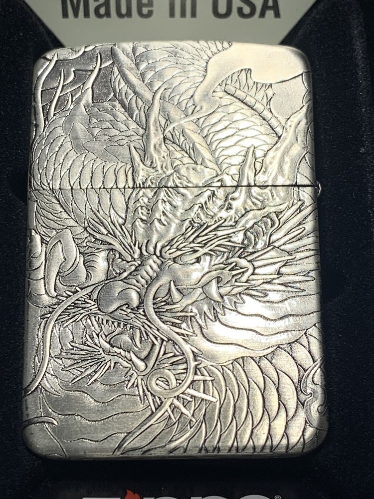Zippo Lighter 2-side silver fish And Dragon Lighter