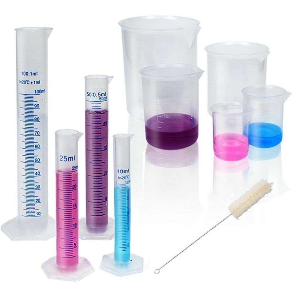 Lab Plasticware Set,4 Clear Plastic Graduated Cylinders with 5 Beakers +1 Brush