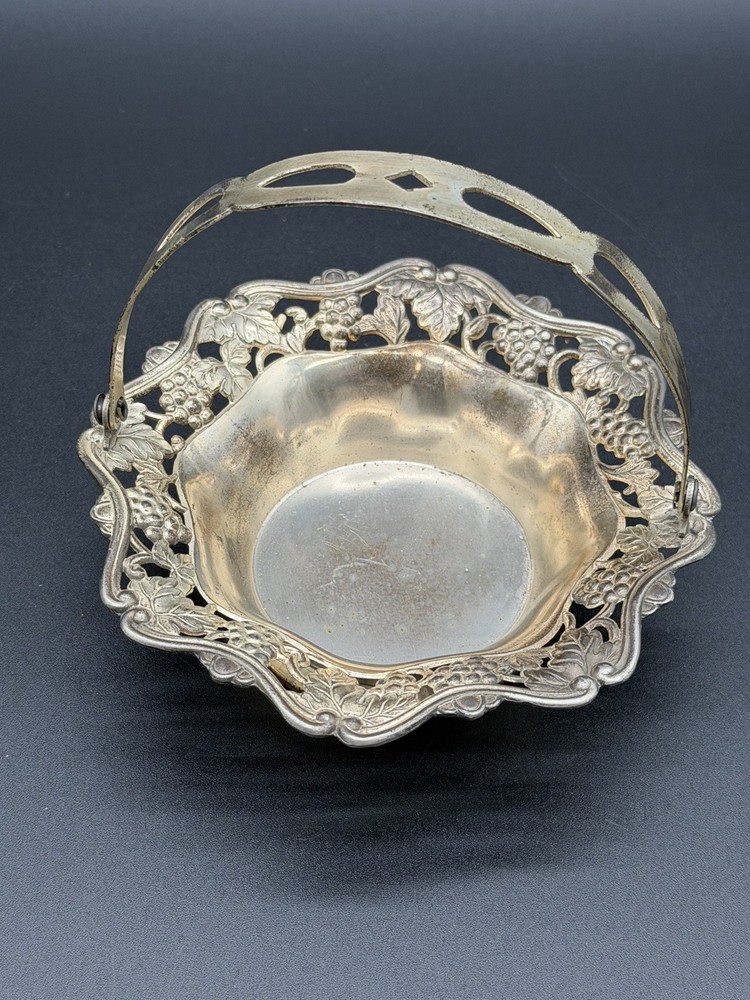 Vintage Occupied Japan Silver Plated Grape & Vine Basket Candy Dish w Handle