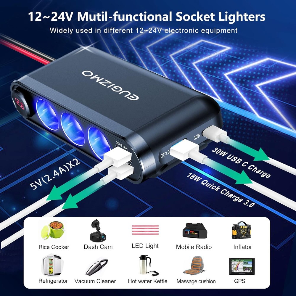 12V Cigarette Lighter Socket Splitter, 200W 3 Multi Port Car Black