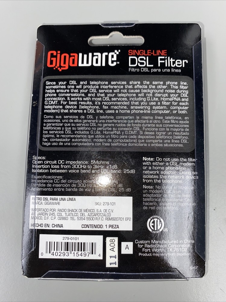 Gigaware Single-Line DSL Filter 279-101 - New Sealed