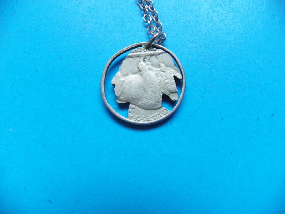 1937 ORIGINAL CUT OUT U.S. FIVE CENT NICKEL WITH 20" CHAIN