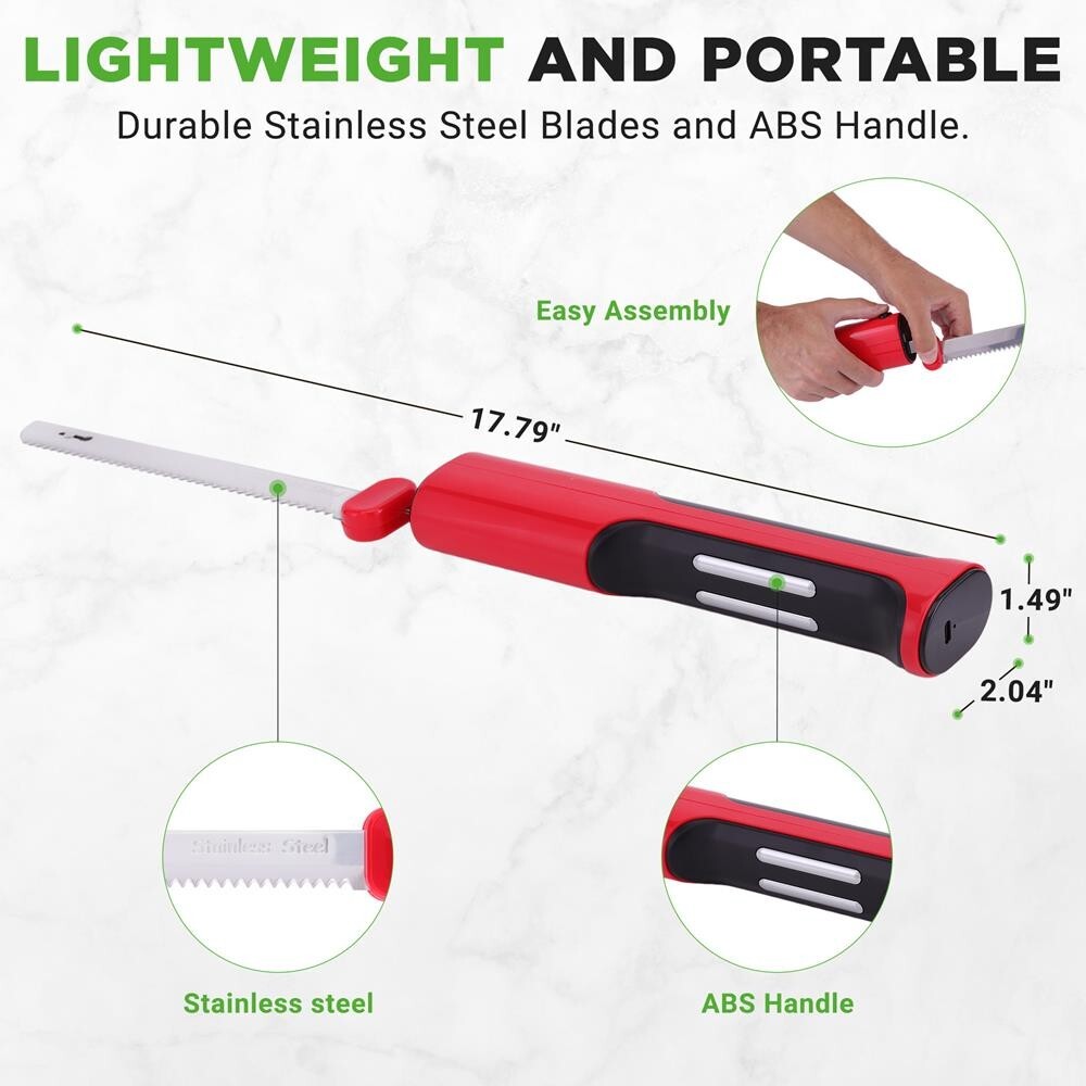 NutriChef Electric Bread Knife-Lightweight w/ Contoured Grip Handle (Red)
