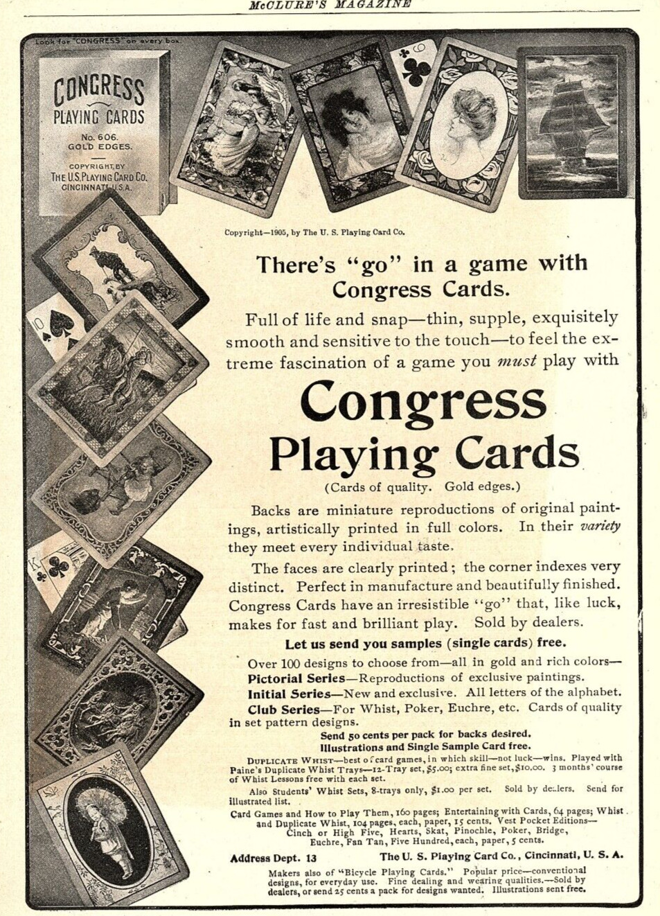 1906 CONGRESS PLAYING CARDS U.S CINCINNATI GAMBLING POKER FULL PG PRINT AD Z3552