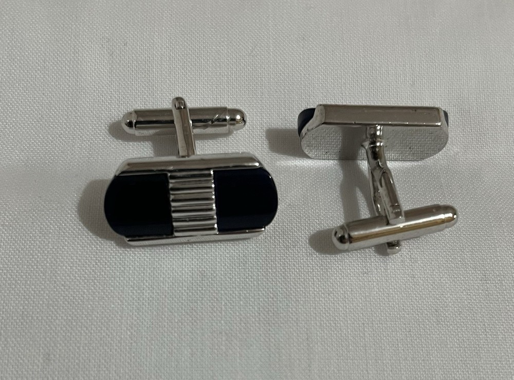 Silver Tone Rectangular Ribbed & Black Enamel Cufflinks Swivel Back Men’s
