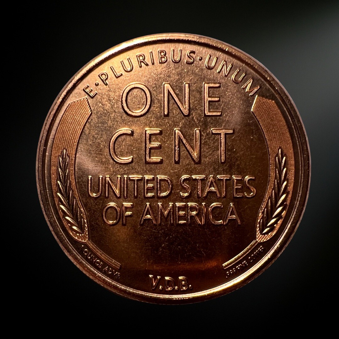 1 OZ 1909-S VDB Lincoln Wheat Cent Round .999 Copper Restrike (BU)