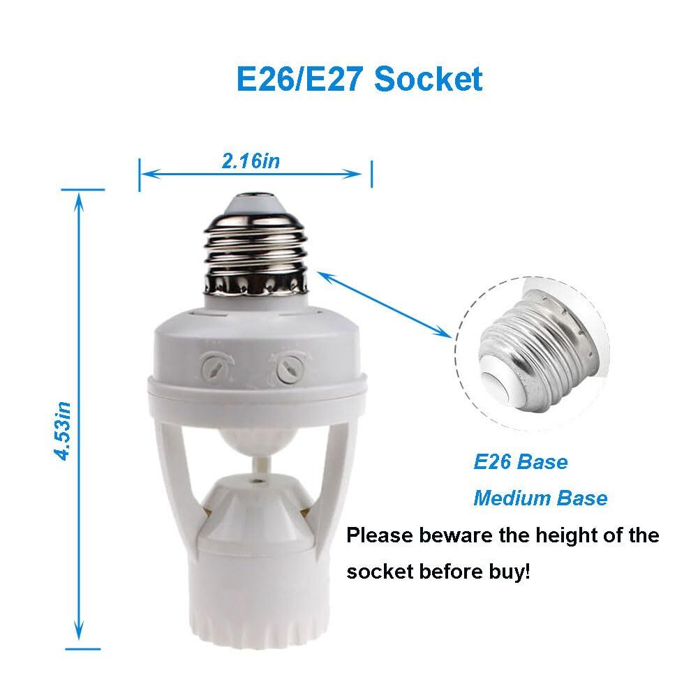 2 pack Screw-In Motion Detector Sensor Light Socket 360° up to 25' All E26 Bulb