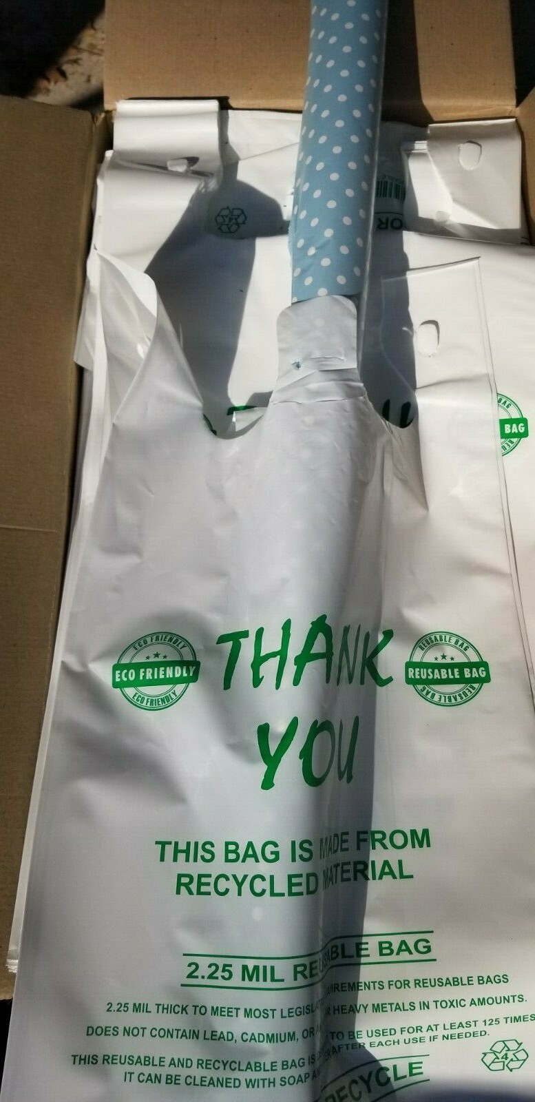 MyBrownBoxes 50pcs LG Thick (2.25Mil) "Reusable" Plastic Shopping Bags, 12x7x23