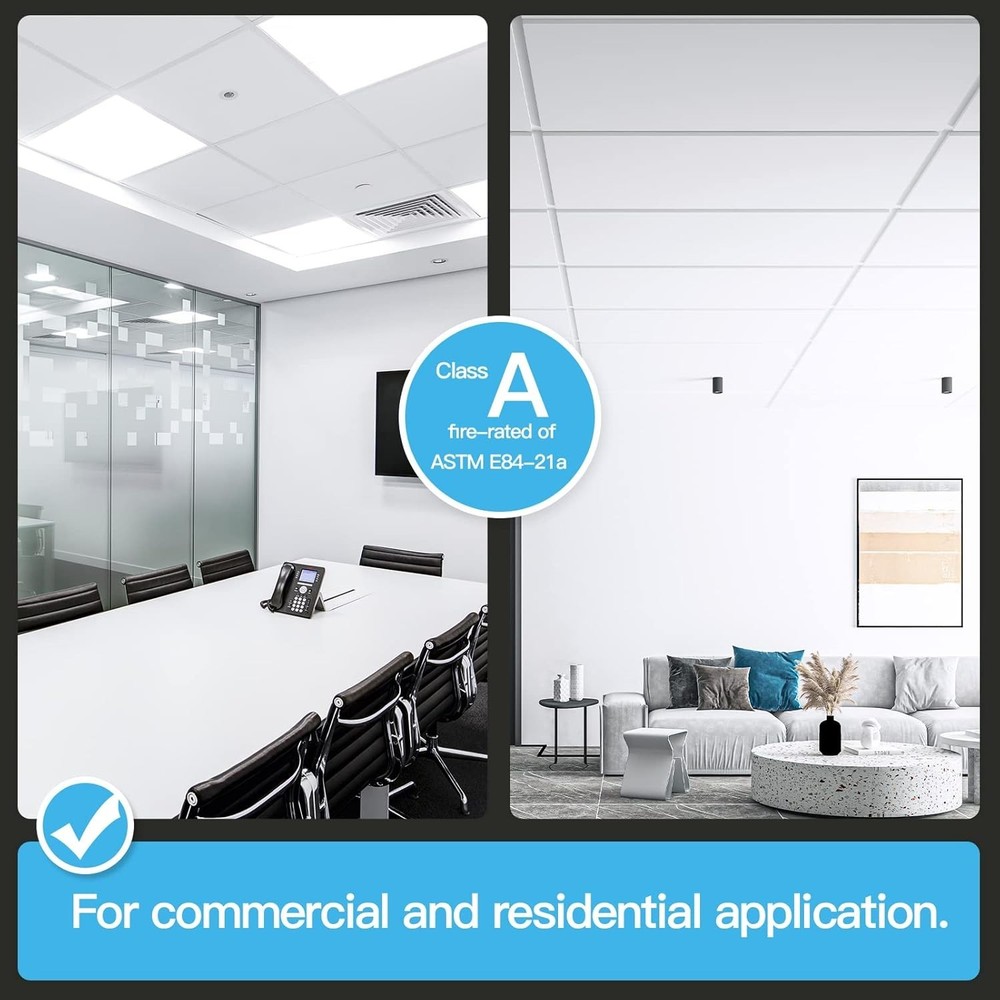 10-Pack Smooth Drop Ceiling Tile 2ft x 4ft - Fire-Rated, Waterproof, Reusable...