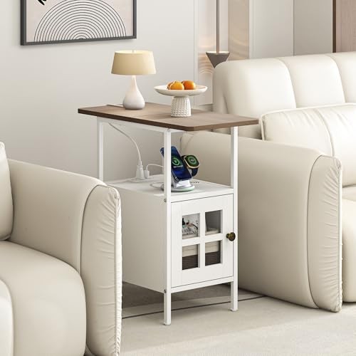 Farmhouse Narrow Side Table with Charging Station - 3-Tier End White-glass